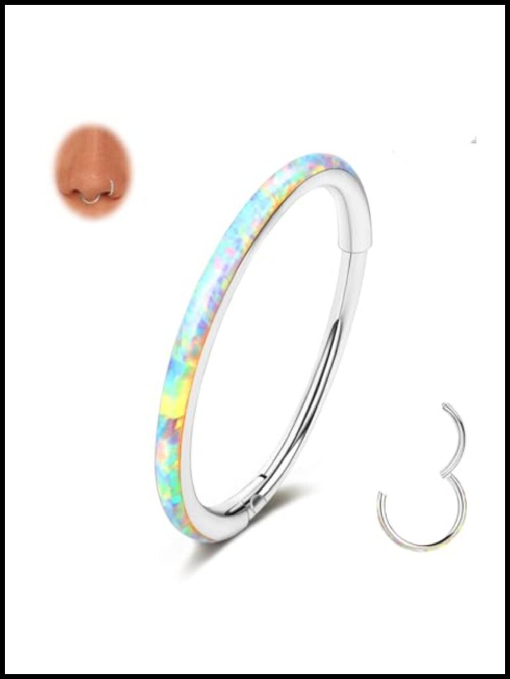 Opal Septum Ring Hinged Hoop Nose Ring 316L Surgical Steel